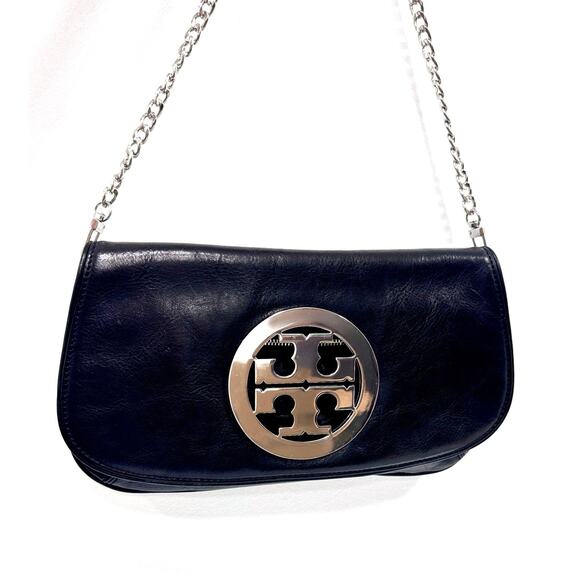 TORY BURCH Reva Black Leather Clutch Convertible Bag Silver Chain Strap - Picture 14 of 14